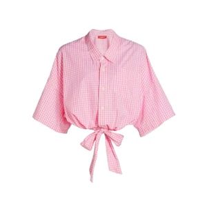 Denimist Front Tie Gingham Top Shirt Womens Medium Pink White Short Sleeve Crop